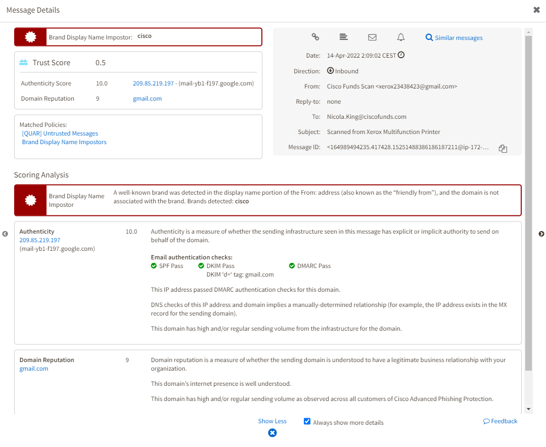 Cisco Secure Email Phishing Defense Message Details