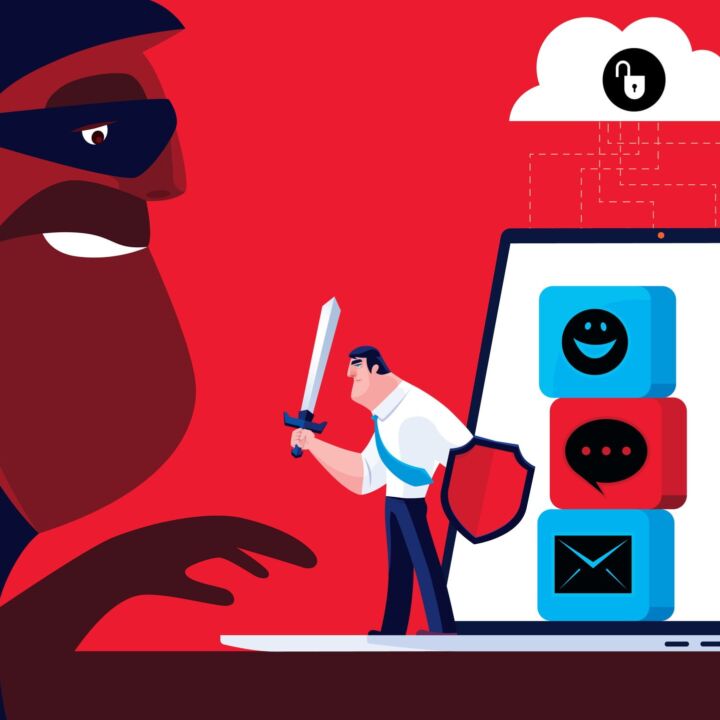 vector illustration of armed businessmen protecting data with laptop and unlock cloud computing