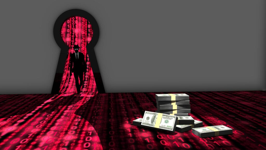 Elite hacker entering a room through a keyhole to steal money silhouette 3d illustration information security backdoor concept with red digital background matrix