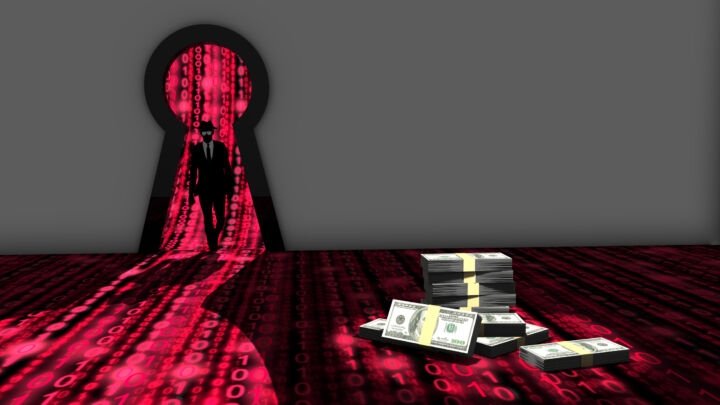Elite hacker entering a room through a keyhole to steal money silhouette 3d illustration information security backdoor concept with red digital background matrix