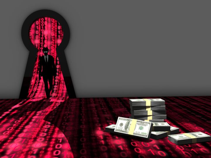 Elite hacker entering a room through a keyhole to steal money silhouette 3d illustration information security backdoor concept with red digital background matrix