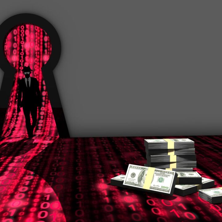 Elite hacker entering a room through a keyhole to steal money silhouette 3d illustration information security backdoor concept with red digital background matrix