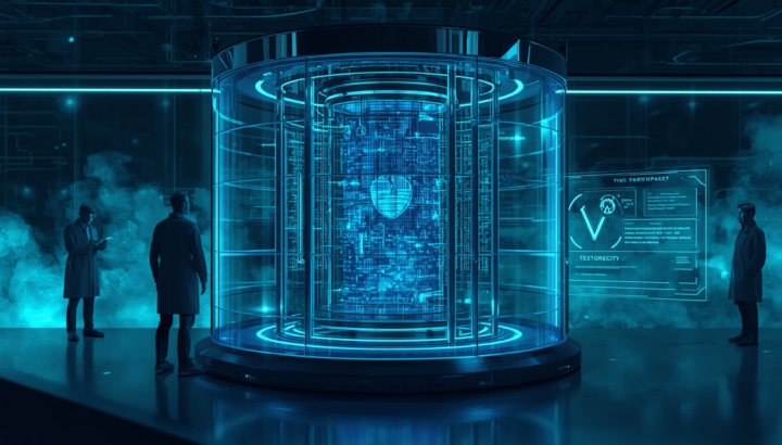 Versiegelte digitale Versuchskammer in einem Hightech-Labor als Symbol für Confidential Computing und sichere Datenverarbeitung.