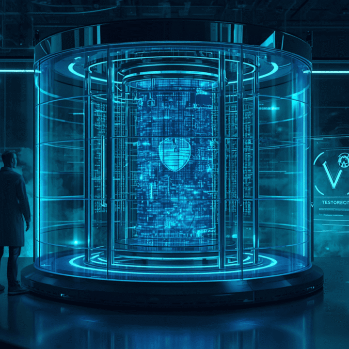 Versiegelte digitale Versuchskammer in einem Hightech-Labor als Symbol für Confidential Computing und sichere Datenverarbeitung.