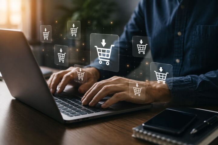 Person arbeitet an einem Laptop, während digitale Einkaufswagen-Symbole den sicheren Download von Software und digitalen Produkten darstellen.