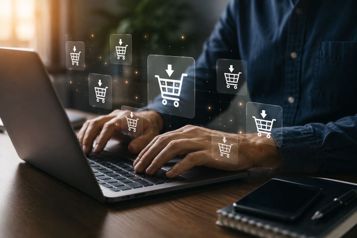 Person arbeitet an einem Laptop, während digitale Einkaufswagen-Symbole den sicheren Download von Software und digitalen Produkten darstellen.