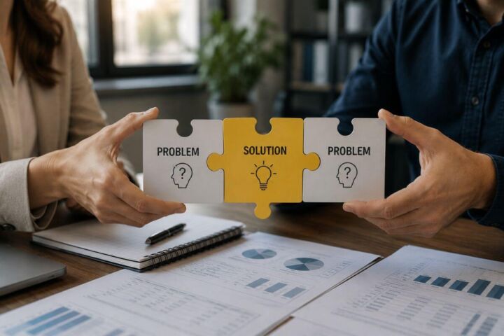 Zwei Personen halten Puzzle-Teile mit den Beschriftungen «Problem» und «Solution». Das gelbe Mittelstück symbolisiert die passende Lösung für eine Herausforderung.