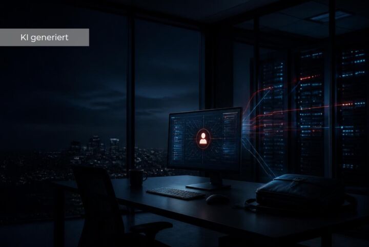 Ein dunkles Büro um Mitternacht mit einem leeren Schreibtisch und Stuhl vor einem leuchtenden Computermonitor, auf dem ein aktives Administratorkonto angezeigt wird. Rote digitale Verbindungen führen vom Konto zu beleuchteten Serverracks im Hintergrund und veranschaulichen den dauerhaft bestehenden privilegierten Zugriff, obwohl der Administrator seinen Arbeitsplatz bereits verlassen hat.