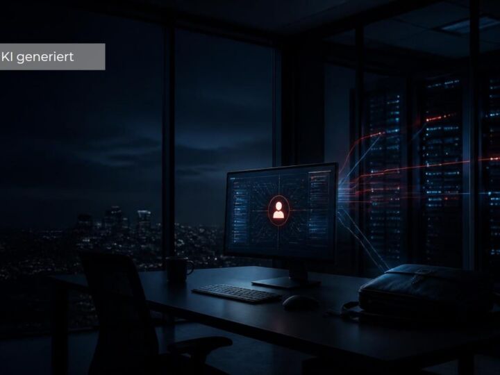 Ein dunkles Büro um Mitternacht mit einem leeren Schreibtisch und Stuhl vor einem leuchtenden Computermonitor, auf dem ein aktives Administratorkonto angezeigt wird. Rote digitale Verbindungen führen vom Konto zu beleuchteten Serverracks im Hintergrund und veranschaulichen den dauerhaft bestehenden privilegierten Zugriff, obwohl der Administrator seinen Arbeitsplatz bereits verlassen hat.
