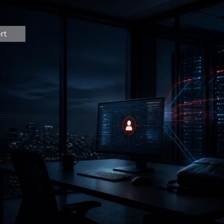 Ein dunkles Büro um Mitternacht mit einem leeren Schreibtisch und Stuhl vor einem leuchtenden Computermonitor, auf dem ein aktives Administratorkonto angezeigt wird. Rote digitale Verbindungen führen vom Konto zu beleuchteten Serverracks im Hintergrund und veranschaulichen den dauerhaft bestehenden privilegierten Zugriff, obwohl der Administrator seinen Arbeitsplatz bereits verlassen hat.
