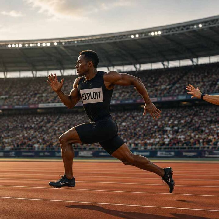 Zwei Sprinter liefern sich in einem voll besetzten Stadion ein Kopf-an-Kopf-Rennen. Der führende Läufer mit der Aufschrift «EXPLOIT» liegt deutlich vor dem Verfolger mit der Aufschrift «PATCH» und symbolisiert, dass Angreifer Schwachstellen häufig schneller ausnutzen, als Sicherheitsupdates bereitgestellt werden können.